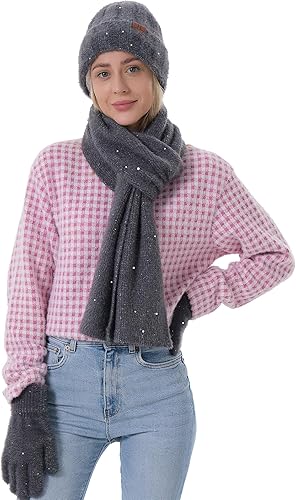 Vista 6 de FZ FANTASTIC ZONE Womens Winter Warm Knit Beanie Hats Gloves Touchscreen Long Scarf Set Skull Cap with Fleece Gifts for Women