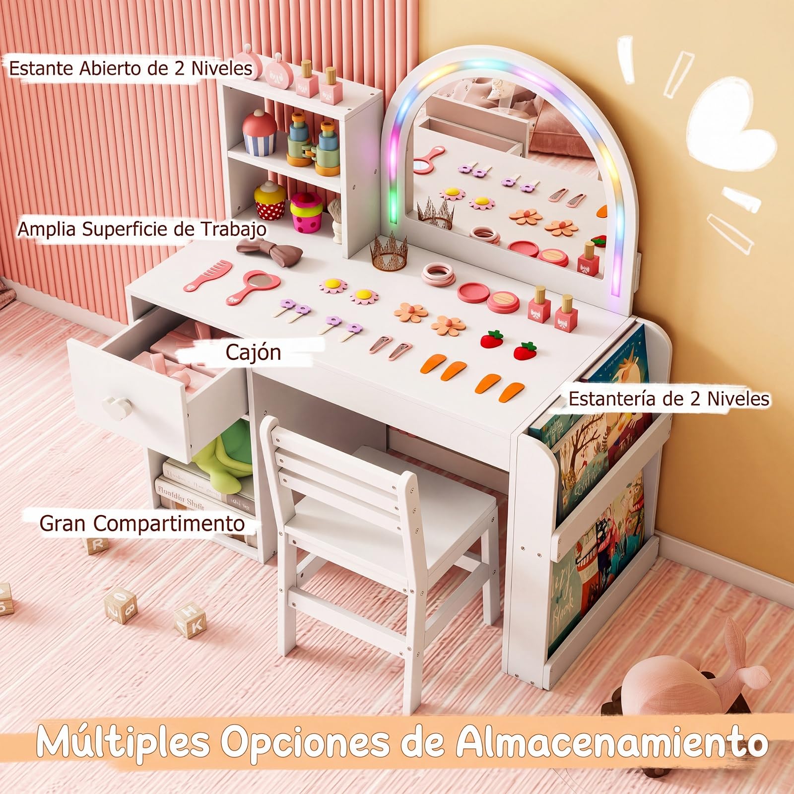 GOPLUS Tocador y Silla Infantil para Niños de 3+ Años (Blanco) | Tocador para Niñas con Espejo Iluminado, Estantería de 2 Niveles, Cajón, Silla Cómoda, Mesa de Maquillaje de Princesa