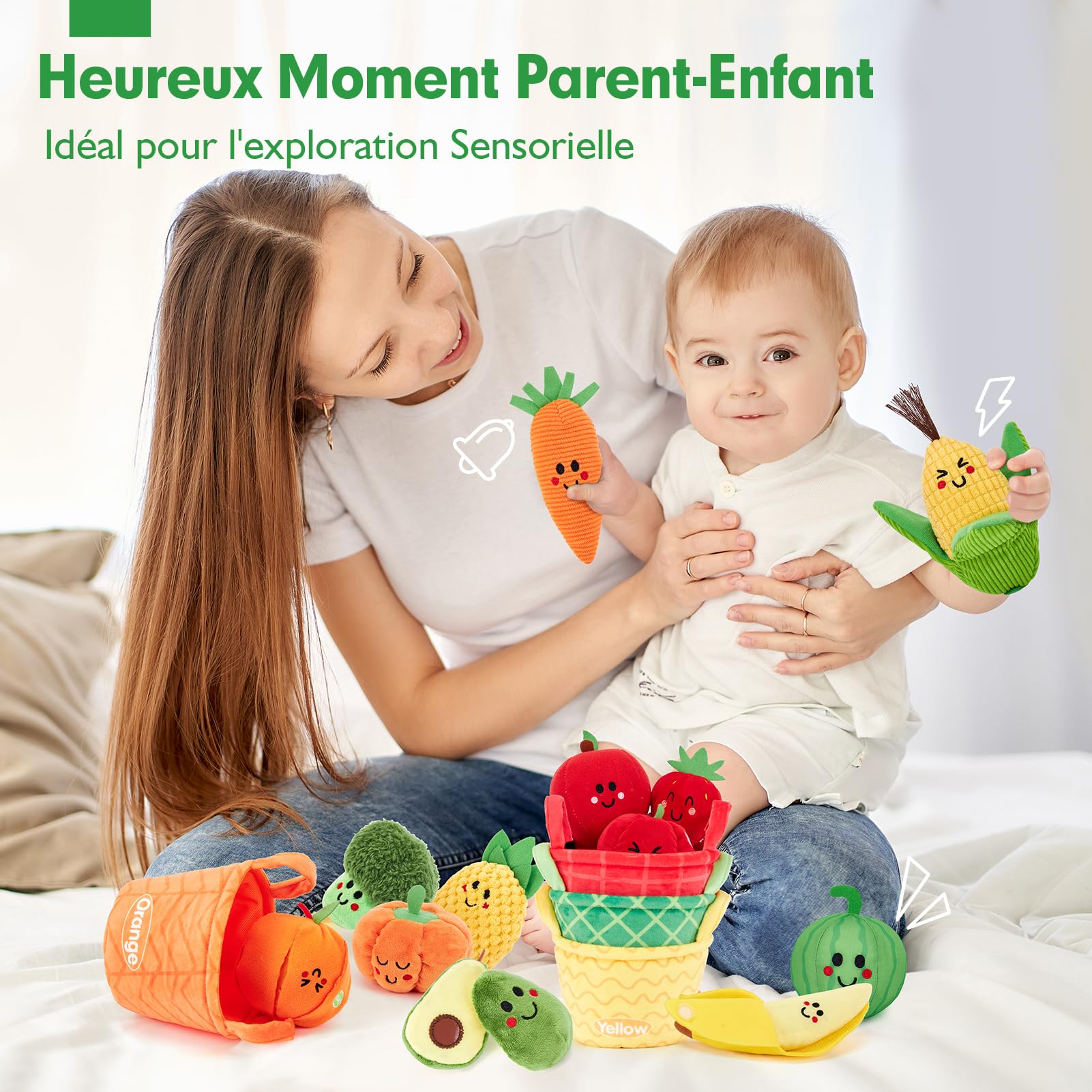 hahaland Jouet Bebe 6 Mois Jouet Eveil Bebe 6-12 Mois, 16 Pièces Fruits et Legumes Jouets en Peluche avec Panier, Jouet Sensoriel Bebe Jeux Montessori Cadeau Bebe 1 an Garçon Fille