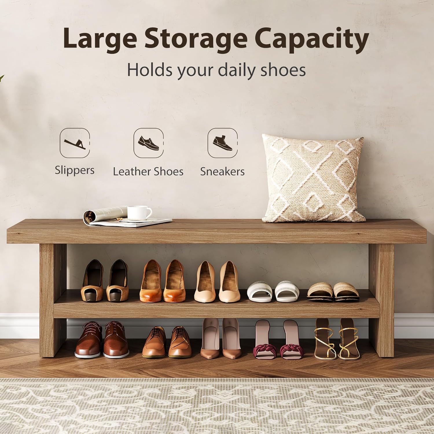 2 Tier Entryway Bench, 47.24" Shoe Bench, Rustic Shoe Rack, Wooden Storage Bench for Entryway Hallway Living Room Bedroom, Easy Assembly, Oak Color