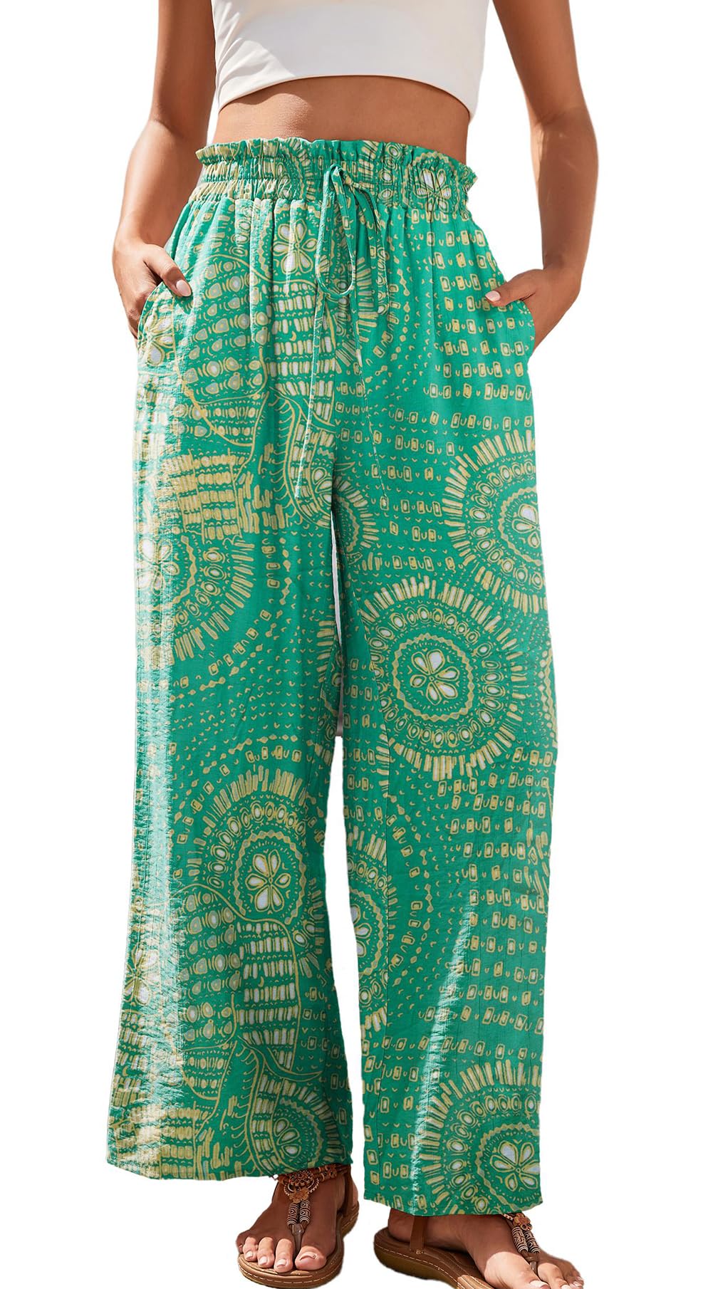 YUTILA Damen Sommerhose Weite High Waist Strandhose Boho Leichte Luftig Freizeithose mit Taschen Palazzo Hose Einfarbig & Muster