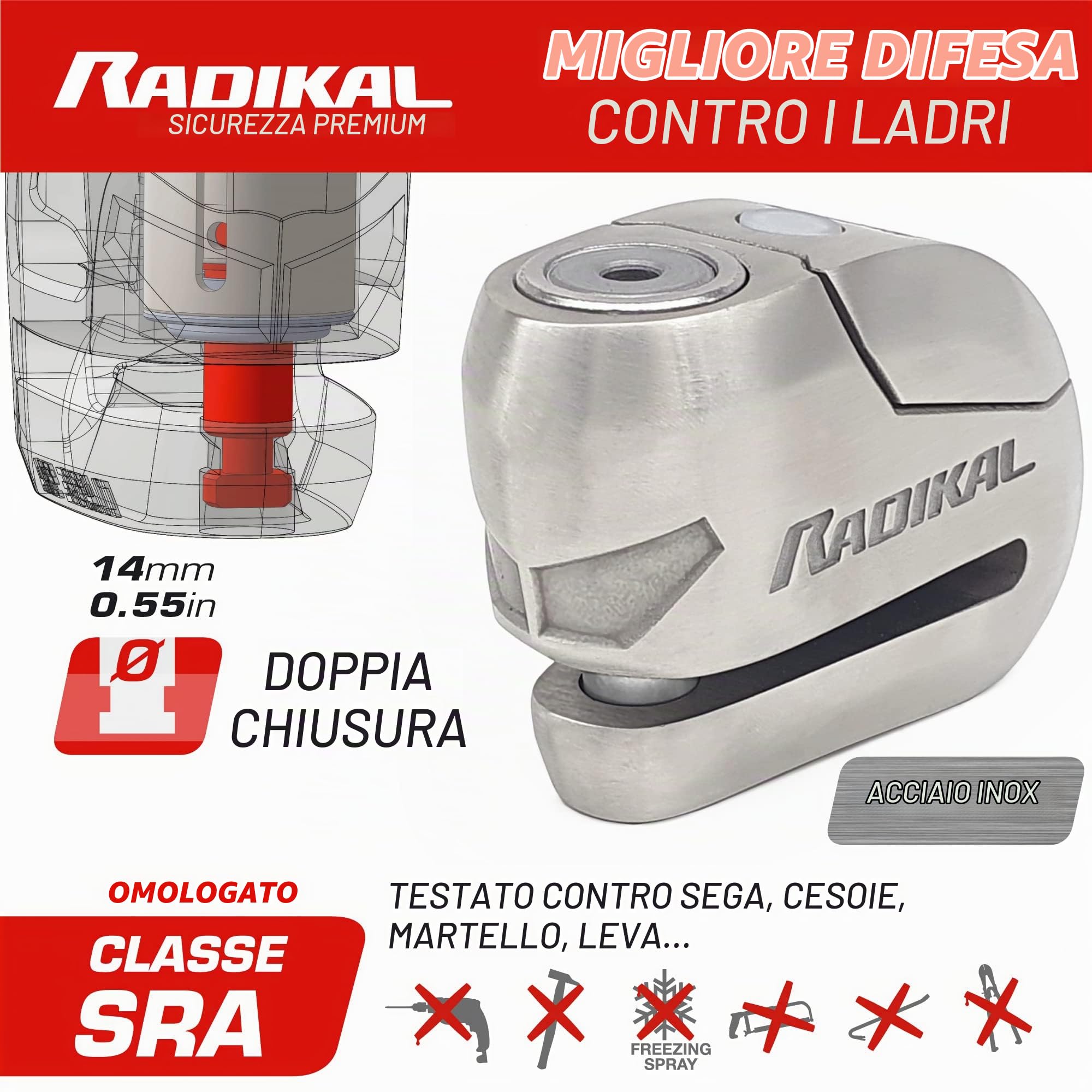 RADIKAL RK14S Lucchetto Antifurto Moto Bloccadisco Sonoro Allarme 120 Db, Warning Pre-Allarme, Omologato SRA & RK402 Supporto antifurto RK10 e RK14S per Il Fissaggio a Tubi o Viti