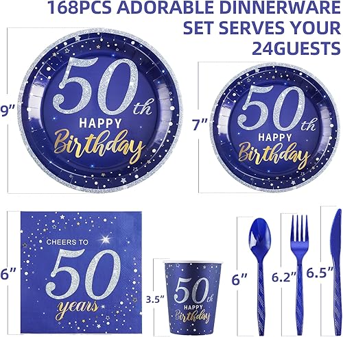Miniatura 2 de Suministros de fiesta de cumpleaños de 50 años, platos de papel desechables, servilletas, vasos, cuchillos, cucharas, tenedores para hombres y