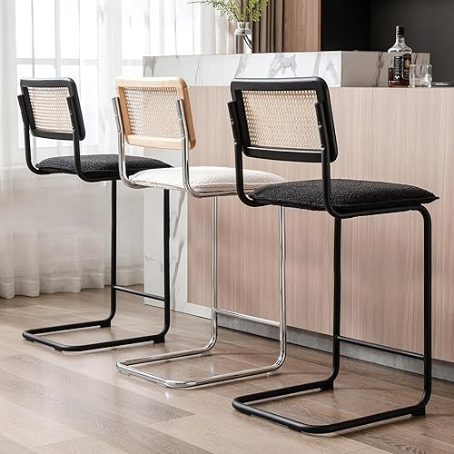 Miniatura 9 de ONEVOG Juego de 2 taburetes de bar de ratán con respaldo taburete de tela Boucle para cocina bistrópub 25 pulgadas silla de bar moderna sin brazos