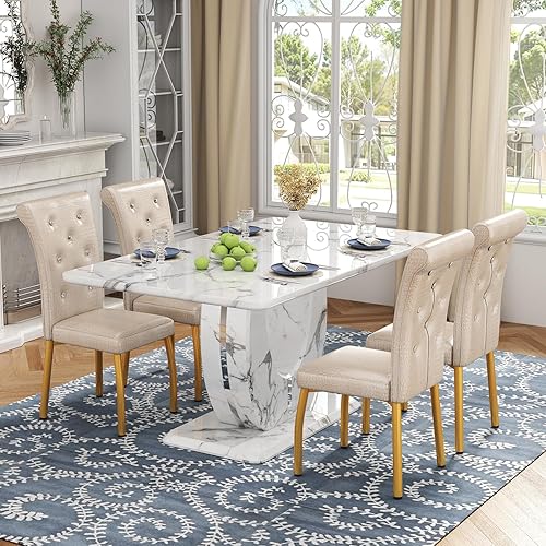 Miniatura 23 de JUFU Juego de mesa de comedor de mármol para 6 personas con mesa de mármol sintético de 63 pulgadas y pedestal en forma de U, mesa de comedor 6