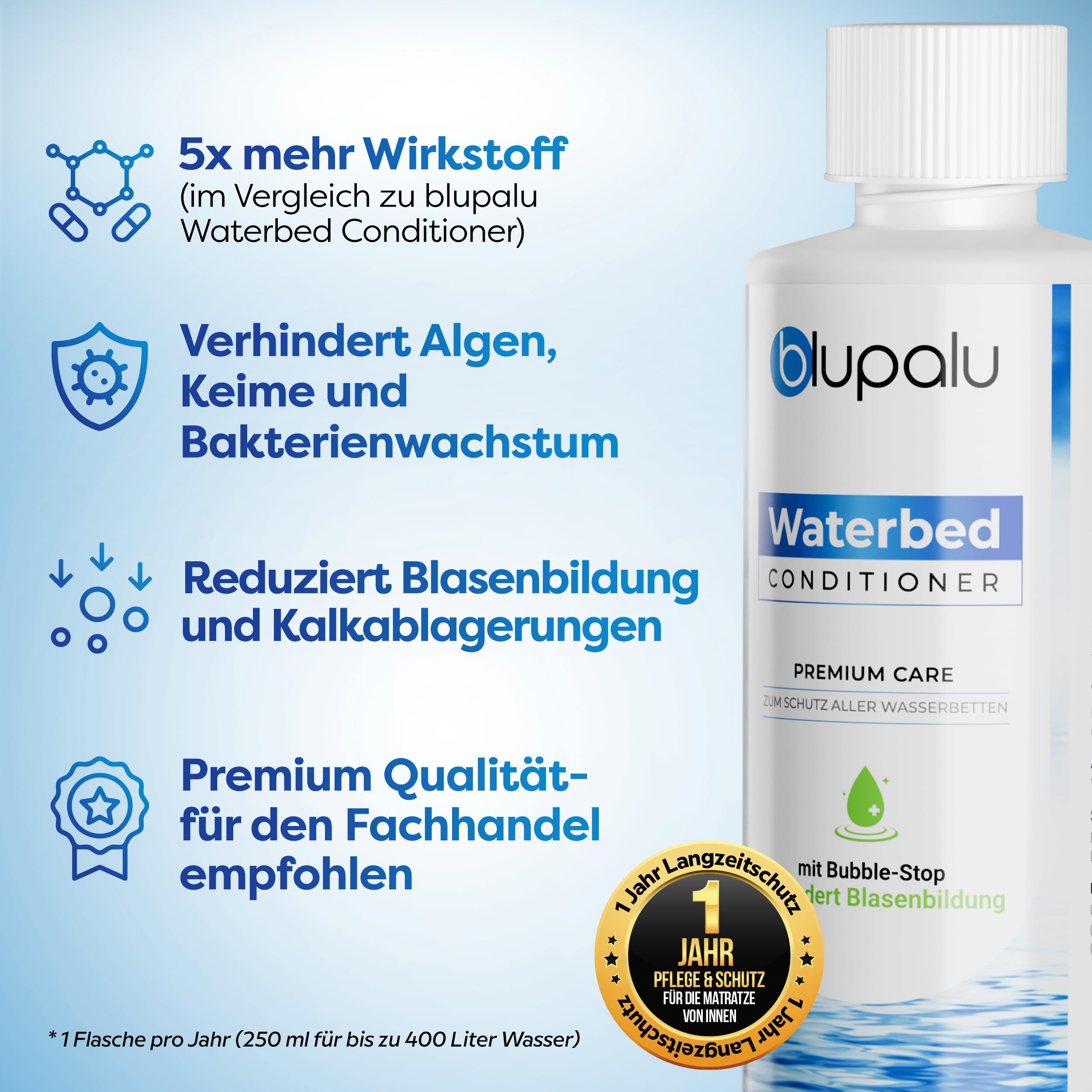 Wasserbett Conditioner Premium Care – 4x 250ml – Wasserbetten Konditionierer gegen Gerüche & Algen, Pflege für alle Wassermatratzen & Systeme aller bekannten Hersteller