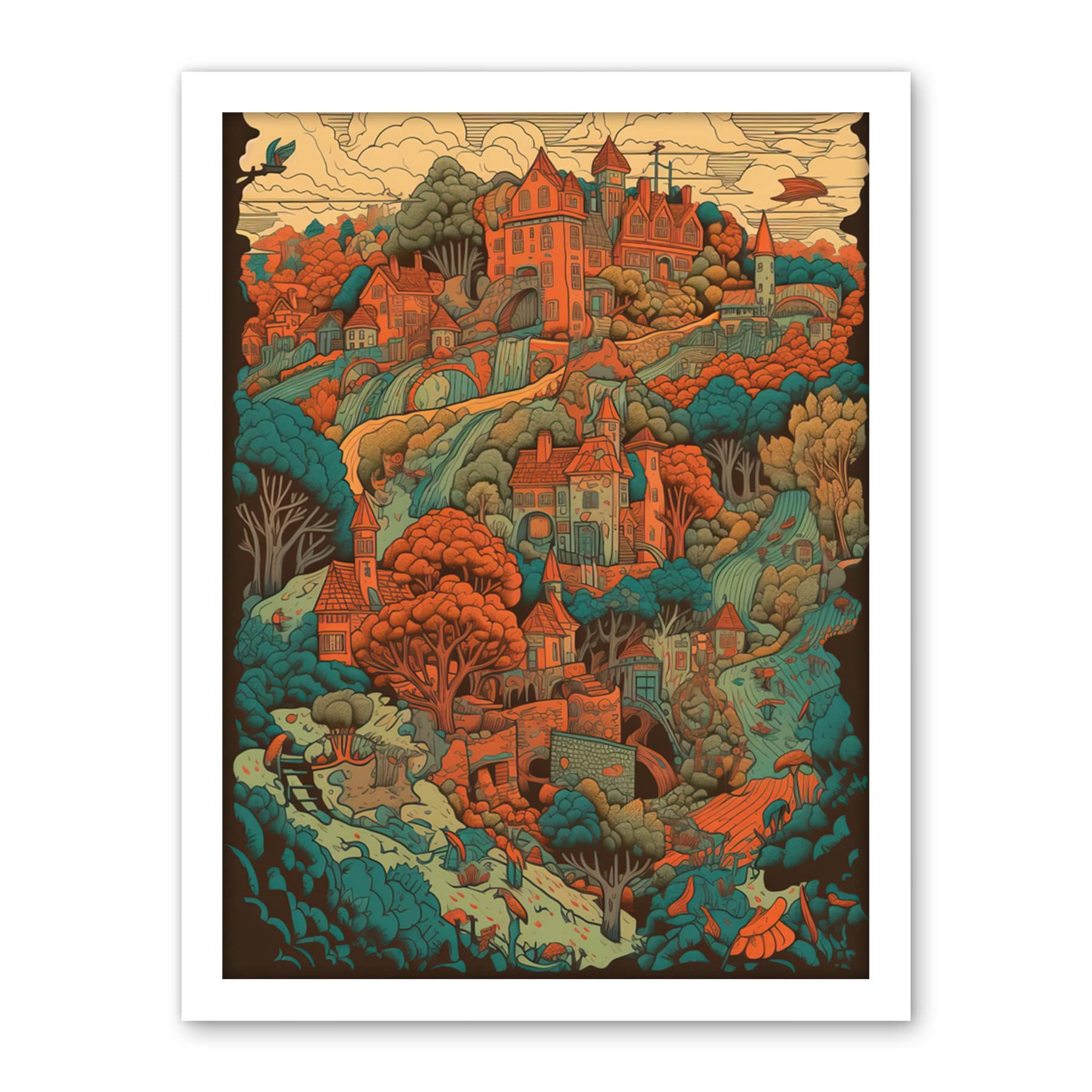 Artery8 Village in Forest Coral and Teal Blue Illustration Artwork Framed Wall Art Print 18X24 Inch