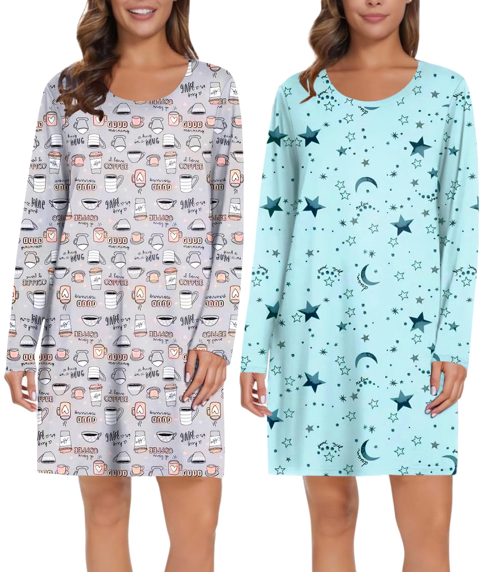 Ekouaer 2 Pack Long Sleeve Sleep Shirts for Women Soft Night Shirts Pullover Nightgowns Comfy Night Gowns Dress S-3XL