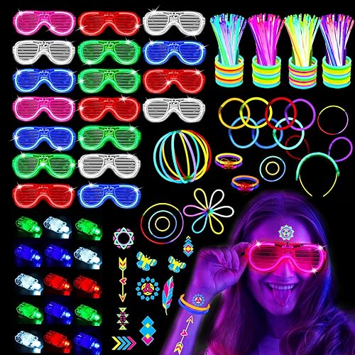 163 piezas de suministros de fiesta que brillan en la oscuridad para niños y adultos, recuerdos de fiesta iluminados con 100 varillas brillantes, 20