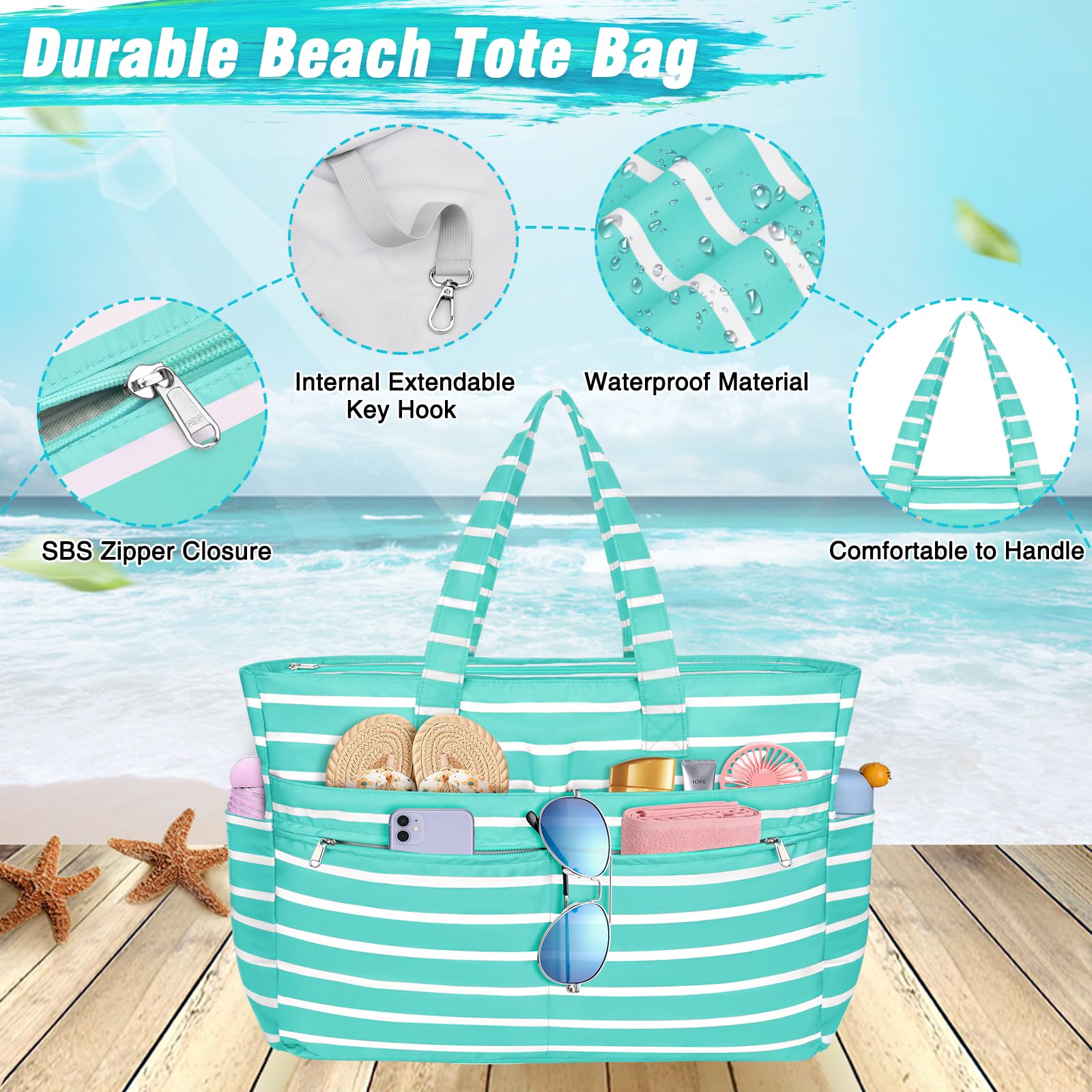 WACCET Borsa Mare Donna Grande, Borsa Spiaggia Donna Impermeabile con Zip Borse Mare Grande XXL Famiglia 50L Pieghevole Leggera Borse Beach Tote Bag per Spiaggia, Viaggio, Vacanza, Piscina