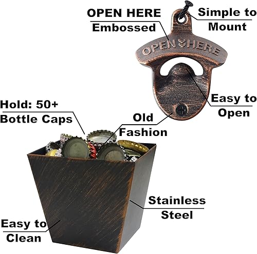 Miniatura 2 de Abridor de botellas de cerveza rústico con colector de tapas, abridor superior de soda montado en la pared y soporte para tapas, cobre antiguo