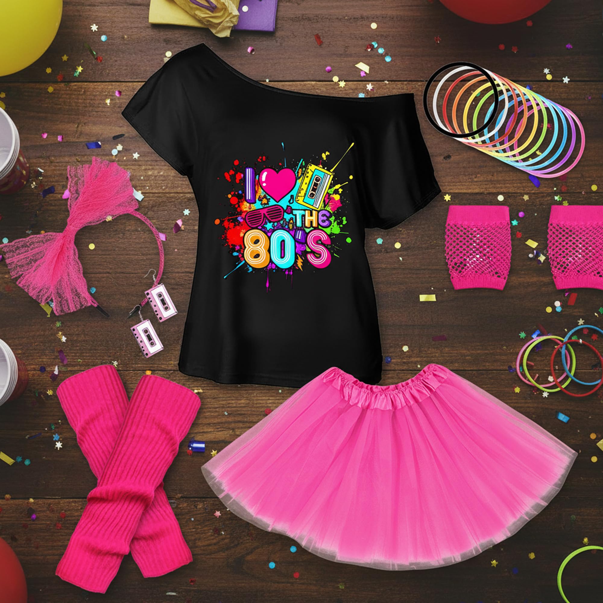 80er Jahre Outfit Damen Set - 80er kostüm Accessoires mit T-Shirt Tutu-Rock Stirnband Ohrring Neon Armband, Netzhandschuhe für Karneval Fasching Party Retro Mottoparty Kleidung