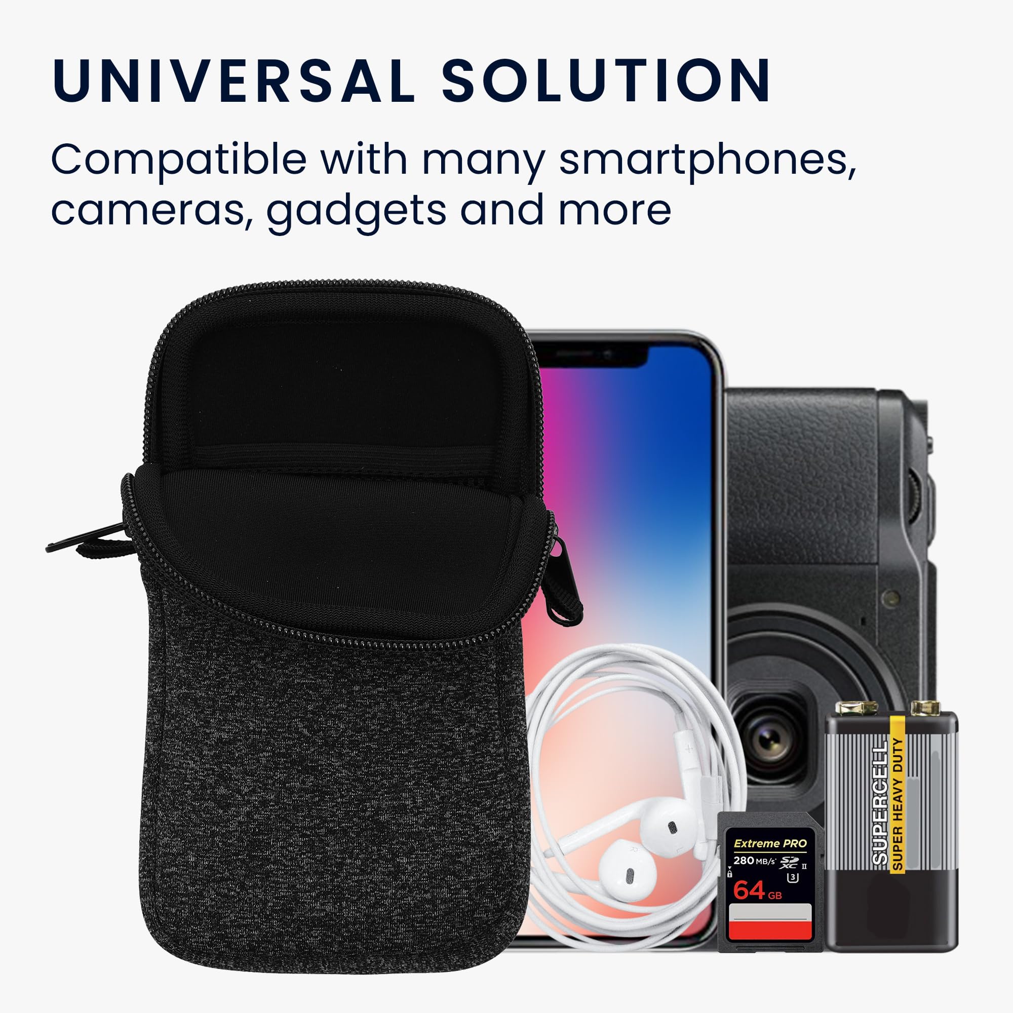 kwmobile Handytasche für Smartphones XL - 6,7/6,8" - Neopren Handy Hülle Anthrazit Weiß mit Kordel - Handy Tasche mit Handykette 17,2 x 8,4 cm Innenmaße