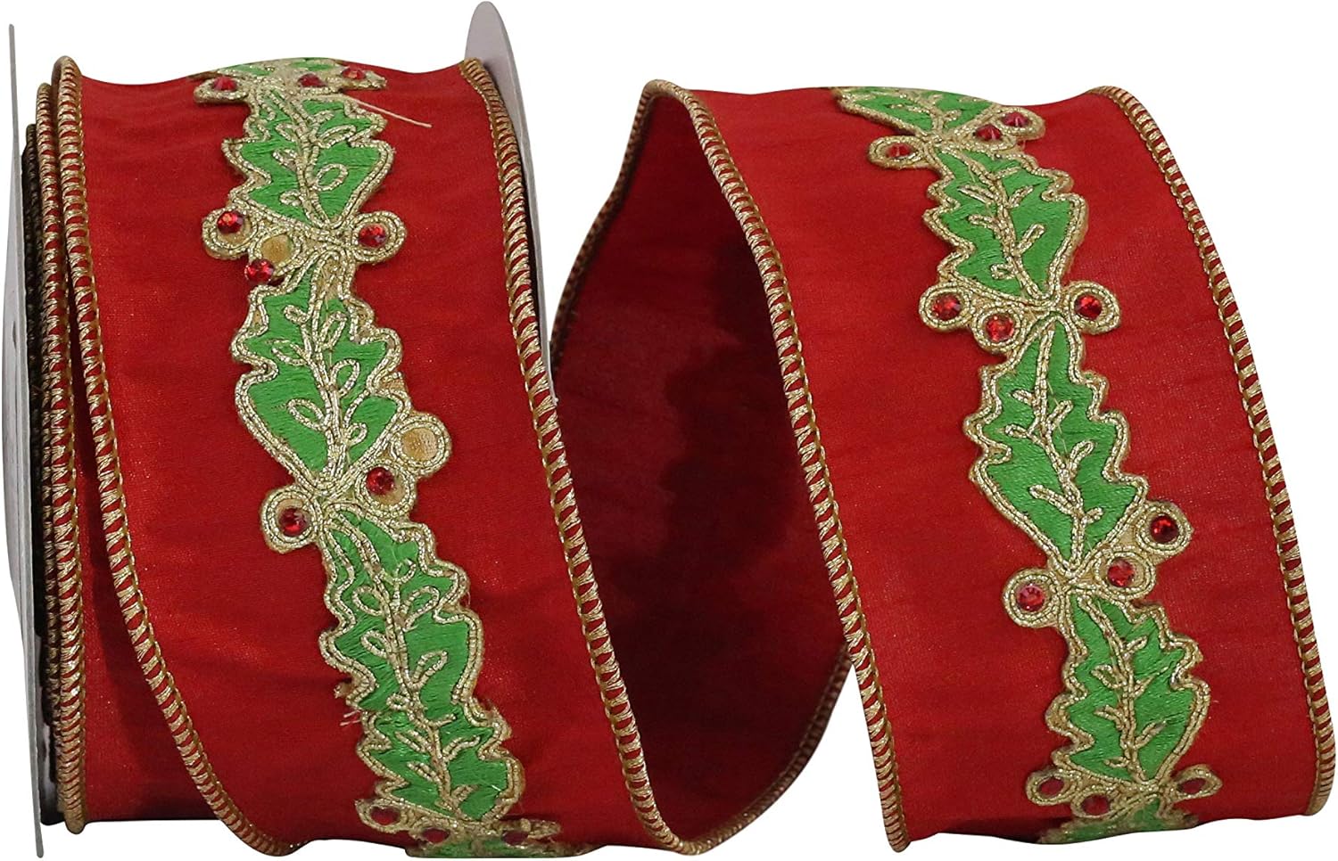 Reliant Ribbon - 93438W-985-40D Holly Leaf Jewel Embrodery Overlay Dupioni Wired Edge Ribbon, 2-1/2 Inch X 5 Yards, Red/green