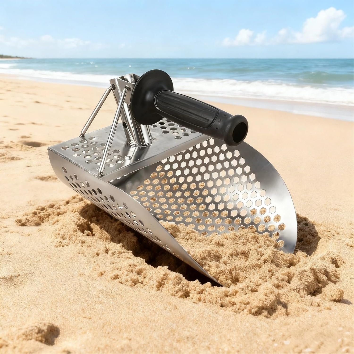 Treasure Hunting Shovel for Beach & Gold Panning, Stainless Steel Sand Scoop, Short Handle, 21 X 19 X 31 Cm Metal Detecting