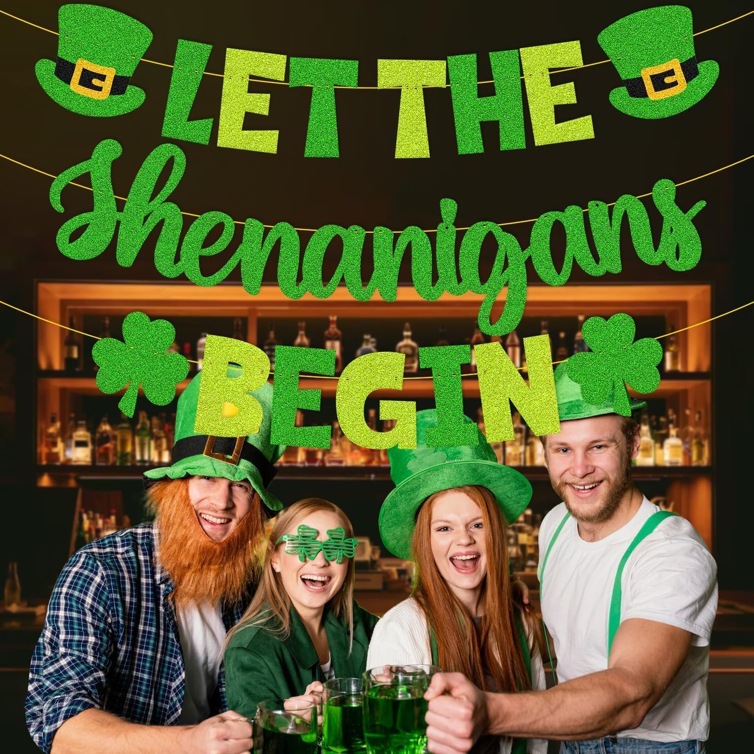 St. Patrick's Day Decoration Let the Shenanigans Begin Banner Shamrock Clover Luck Charm Garland Lucky Pot of Gold Rainbow Party Green Glitter Supplies