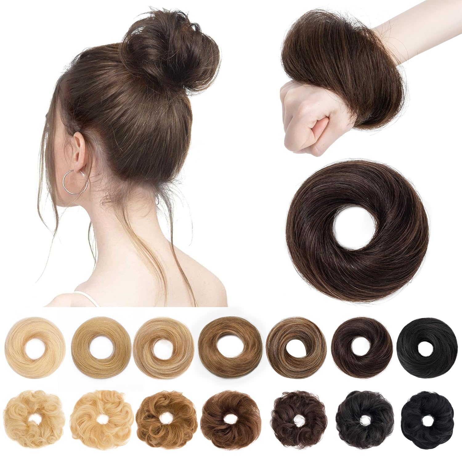 SEGO Human Hair Messy Bun Hairpieces Real Scrunchies Natural Wavy Smoothed Updo Donut Chignon Ponytail Extensions for Women Girls-2 PCS #4P27 Medium Brown&Dark Blonde