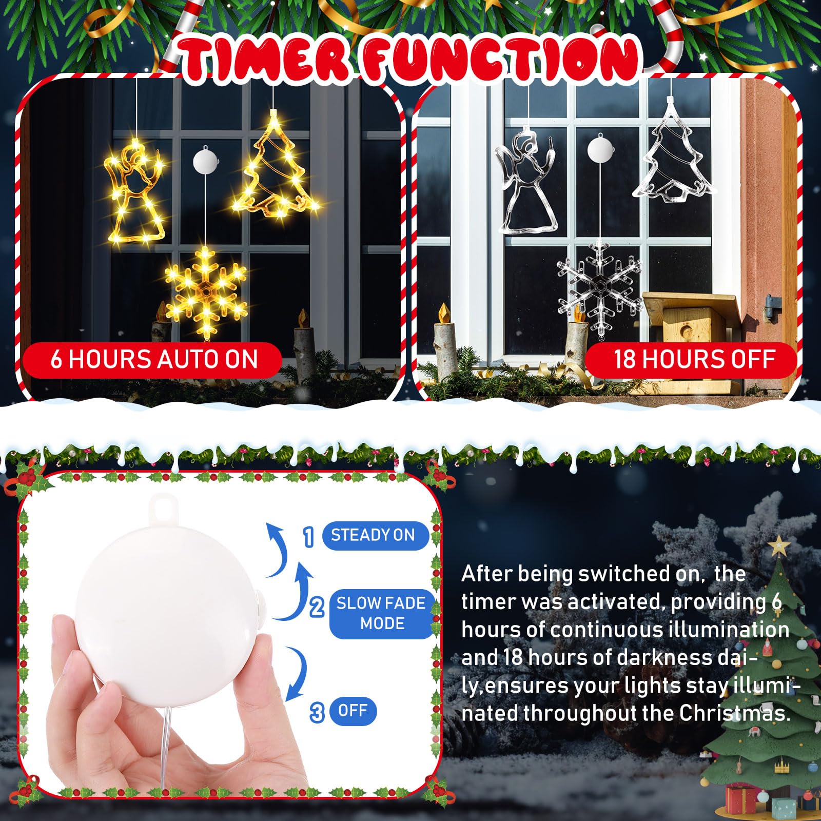 Tujoe 10 Stück Weihnachts-Fensterlichter, Dekorationen, beleuchtete Fenster-Silhouetten-Lichter mit Timer, Saugnapf, batteriebetrieben für Weihnachten, Urlaub, Neujahr, Innen- und Außendekoration