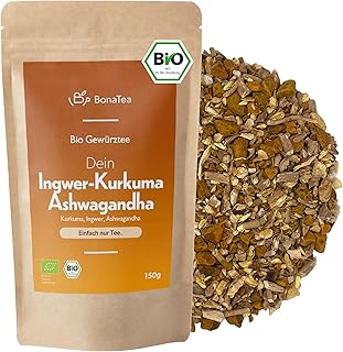 Bio Ingwer Kurkuma Ashwagandha Tee – Hochwertiger loser Gewürztee nach ayurvedischer Tradition 150g