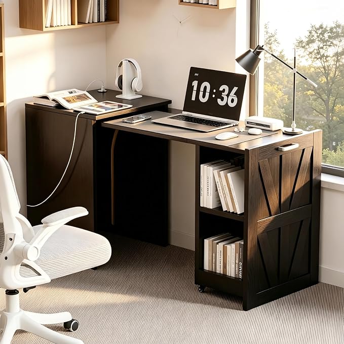 Ammora Living Folding Desk with Storage and Charging Station