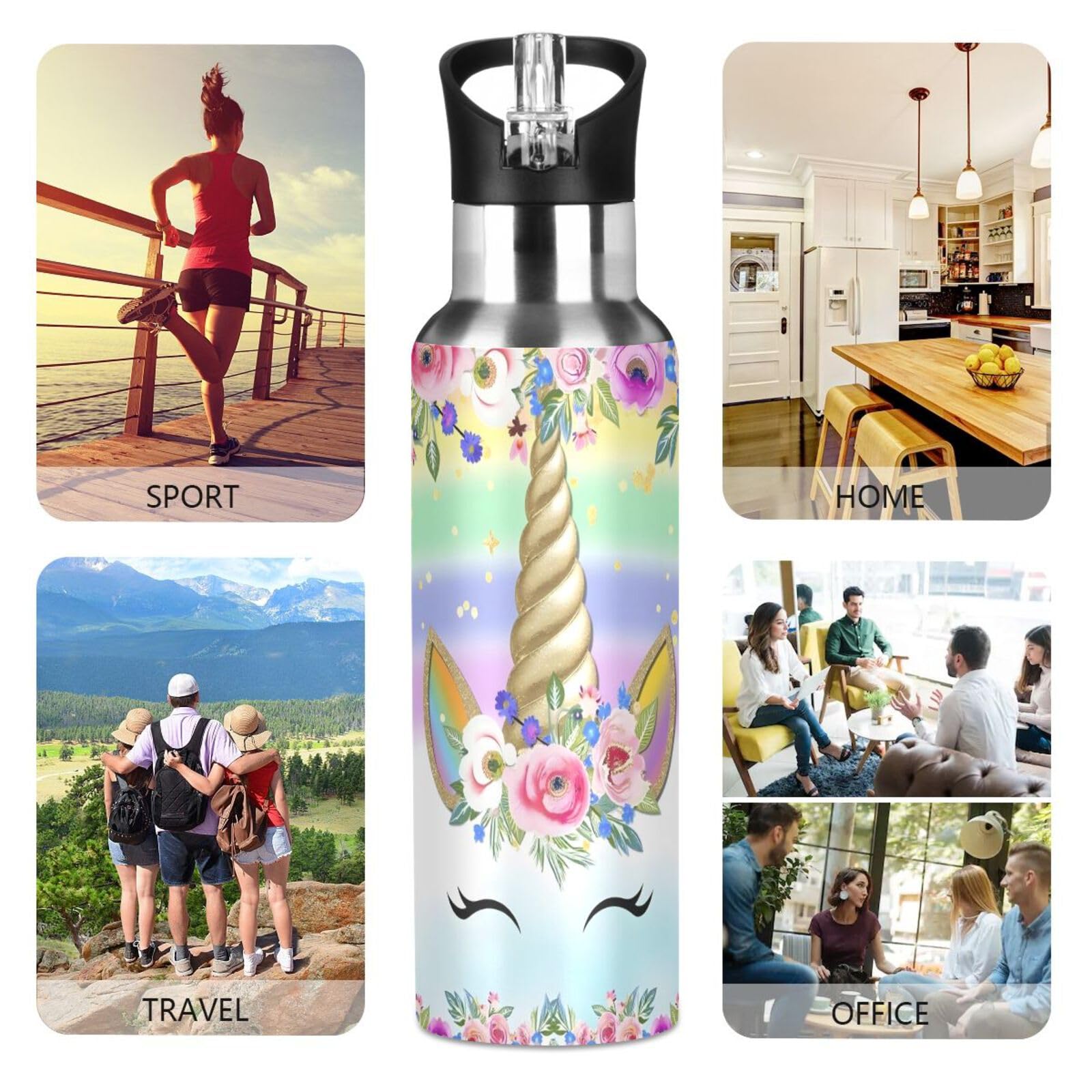 Linda botella de agua de unicornio para niños, termo aislado para niños y niñas, botella de agua fría caliente con tapa de popote para deportes, gimnasio, correr, 20 onzas