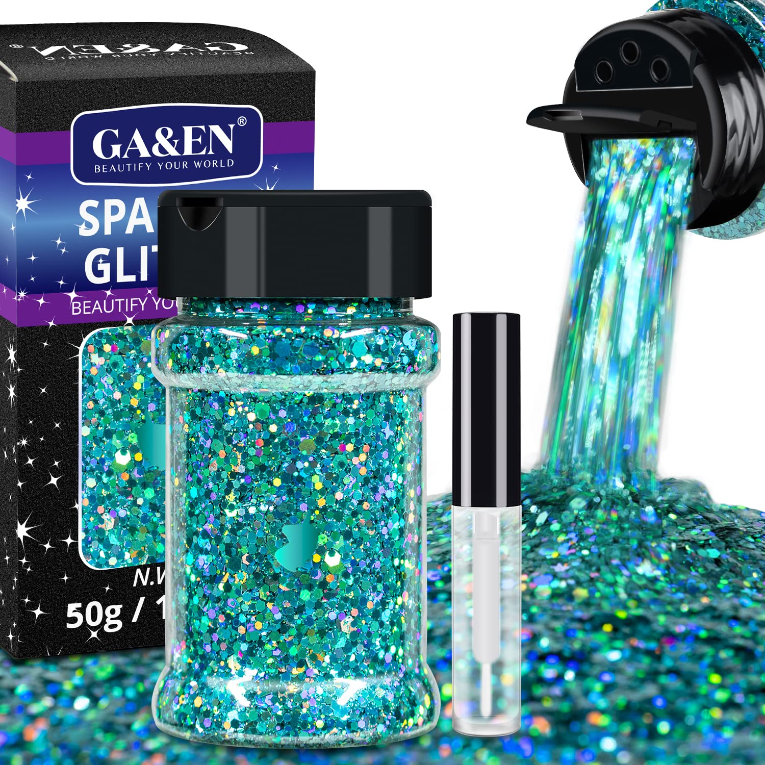 Holographic Chunky Glitter 50g Turquoise Body Glitter with Multi-Shapes 50g/1.76oz Sparkle Glitter for Body Face Eye Hair Makeup Glitter for Resin Project+Quick Dry Makeup Glue