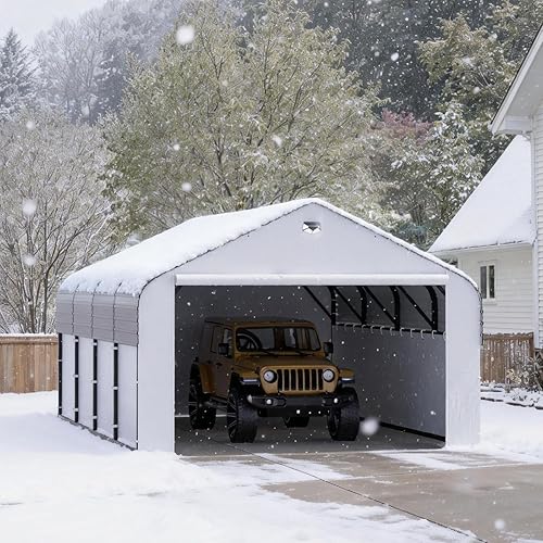 12x20 Metal Carport, Heavy Duty 2-Car Carport Canopy, CarPorts with Removable Polyethylene Sidewalls, Galvanized Steel Roof Car Tent Garage