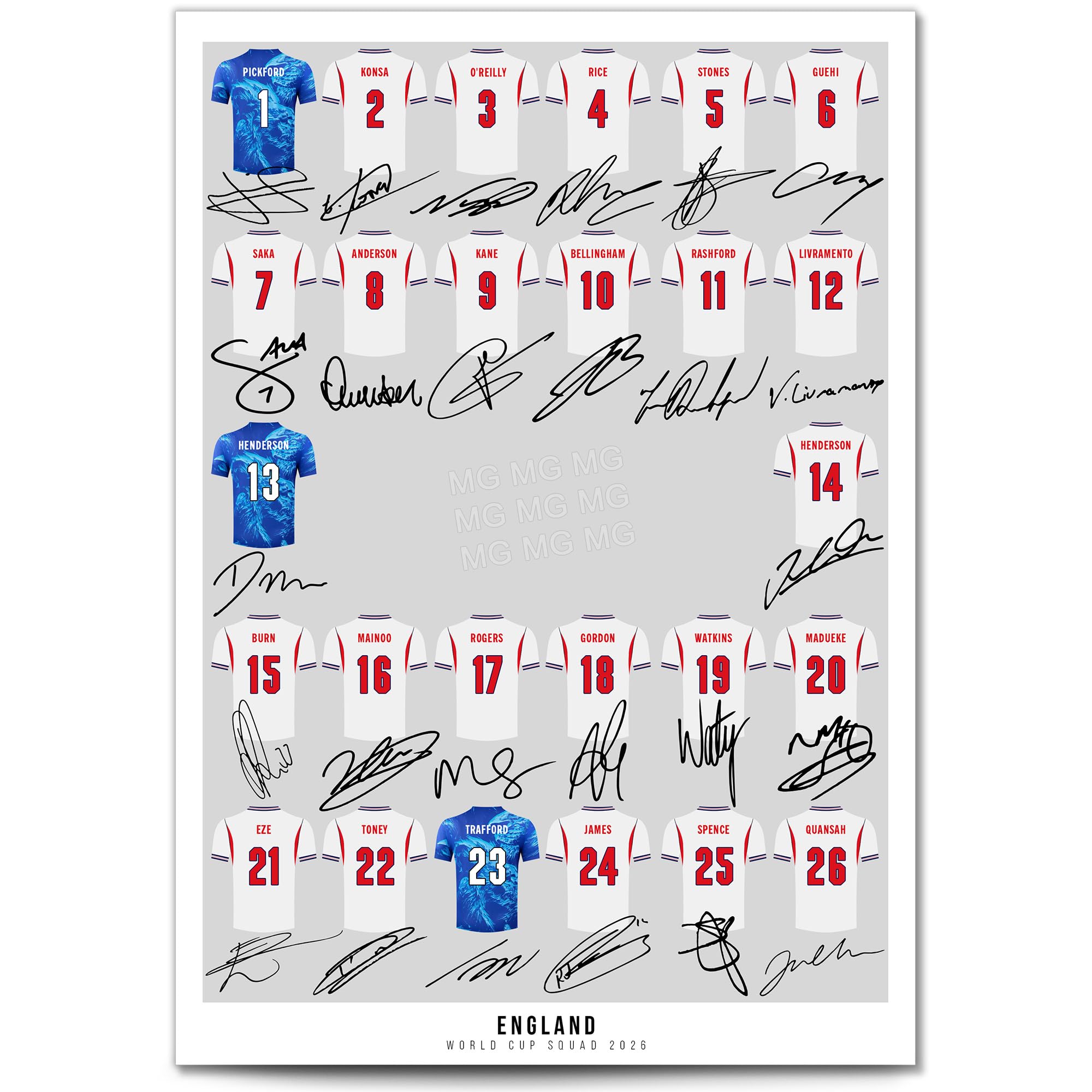 Mounted Gifts Trading England World Cup Squad 2026 Signed Poster Print Framed Picture Photo Autograph Gift 26 National Team Kane Bellingham Saka Eze Rice (A3 Poster Only)