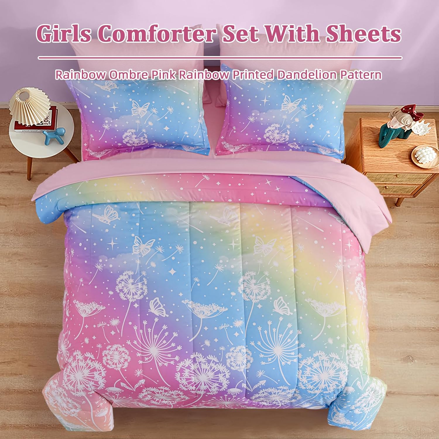 Menghomeus Girls Comforter Set Queen Size 7 Pieces Bed in A Bag Ombre Pink Rainbow Bedding Set Dandelion Butterfly Print Kids Bedding Collections