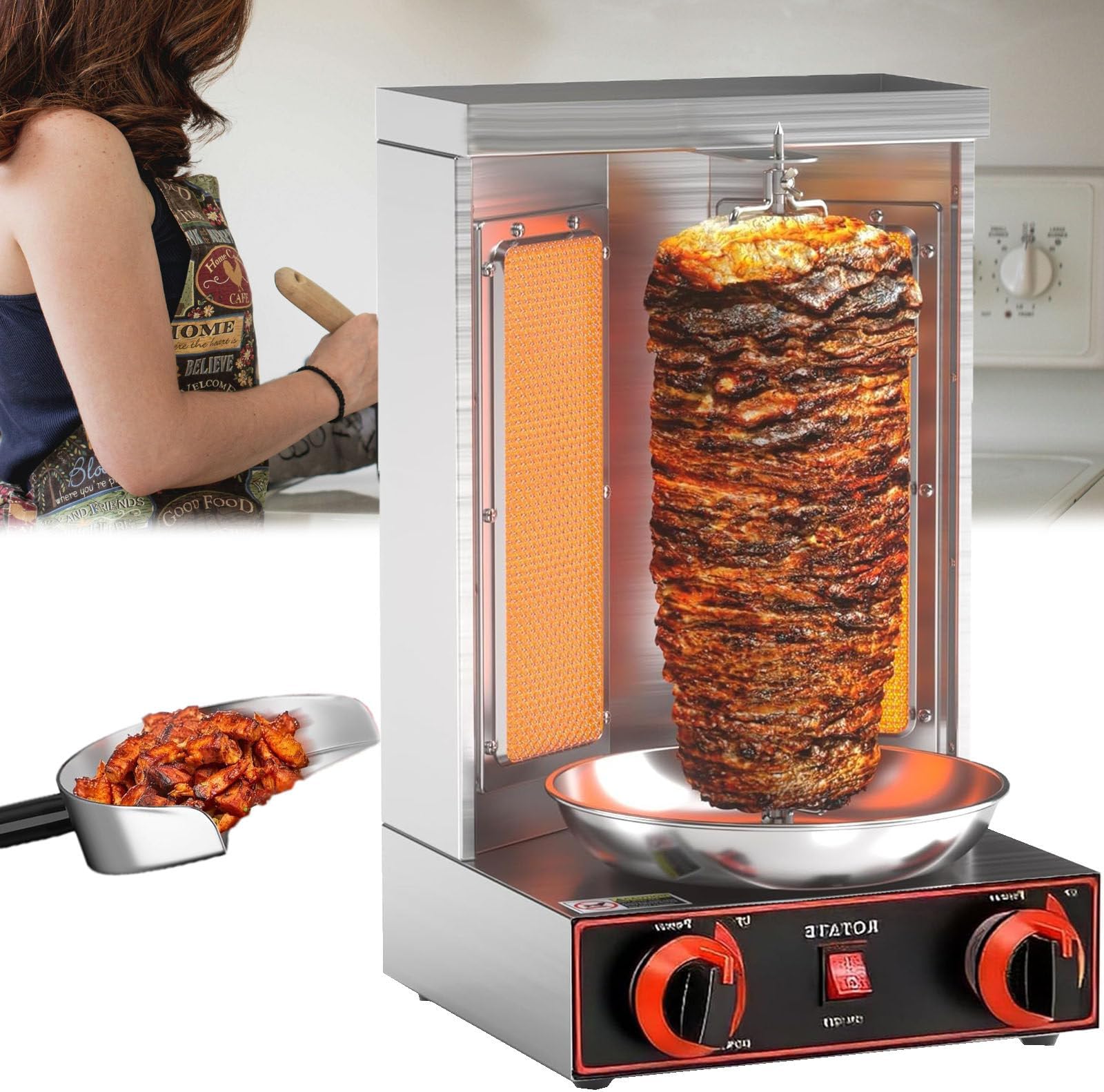 Shawarma Grill Doner Kebab Machine Gas Gyro broilers Rotating Home Vertical Rotisserie with 2 Burners for Chicken Roast,Turkey Roast,Tacos,Roast,barbecuestove+shovel