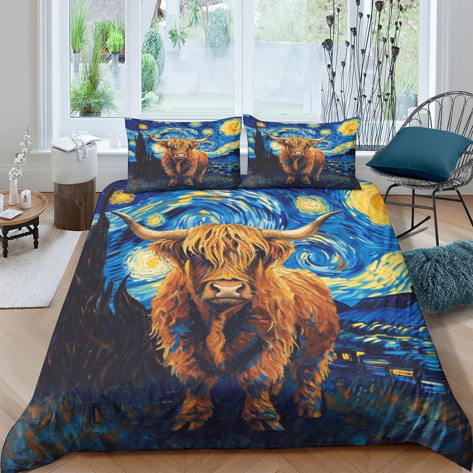 Linge de lit style chalet avec housse de couette motif Highland Cattle