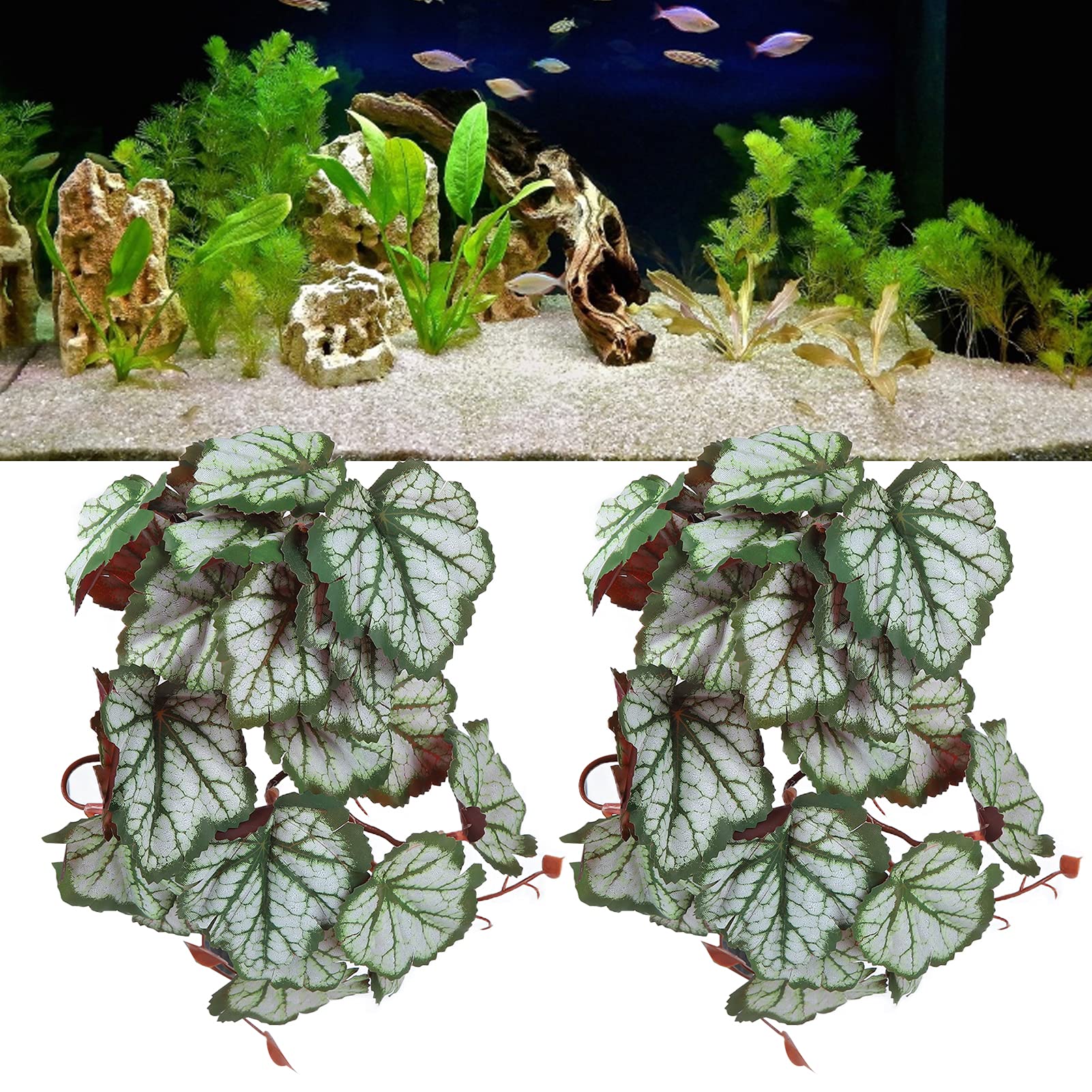 Yosoo 2PCS Artificial Water Plant Plastic Simulation Leaves with Suction Cup Fish Decoration Reptile Plants Artificial Green Plant Fake Hanging Leaves Aquarium Decor Ornaments