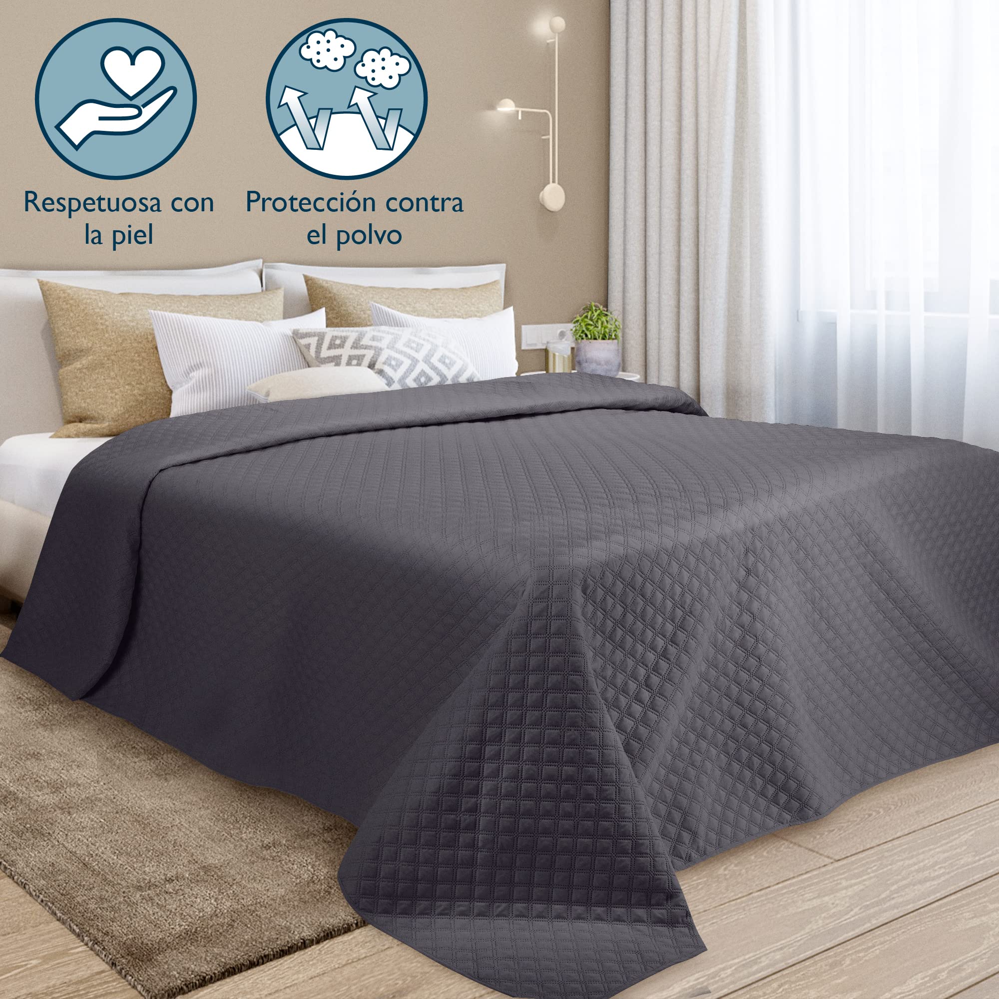 Beautissu Cubrecama 240x260 cm Colcha Olivia - Plaid para Cama y sofá en Aspecto Acolchado - Manta Grande Transpirable Elegante Manta de Cama - cubrecamas con Estilo y Color Antracita