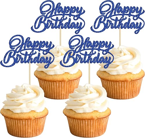 24 piezas de decoración de cupcakes de feliz cumpleaños, color azul oscuro, con purpurina para cumpleaños, para celebrar fiestas de cumpleaños,