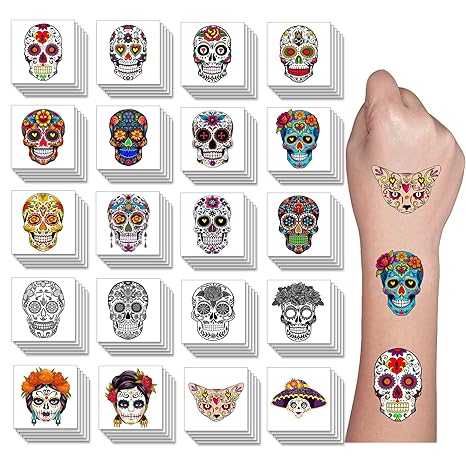 100 PCS Mexican Day Of The Dead Sugar Skull Temporary Tattoos Sticker for Kids Men Women(Day of the Dead)