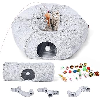 Odoland Cat Tunnel Large Cats Foldable Fluffy Cat Tunnel Round with Sleeping Area for Indoor Pets Cat Tunnel Large Cats Cat Play Doughnut Bed Cat Toy Tunnel