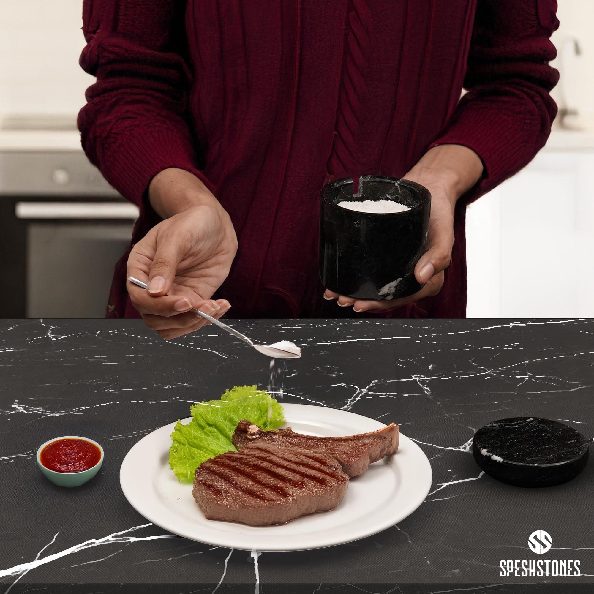 Speshstones Contenitore per Sale in Marmo Nero da 7,6 cm per Piano di Lavoro - Zuccheriera con Coperchio, Portasapone in Pietra, Barattoli per Spezie, Contenitore per Condimenti, Sale da Cucina per