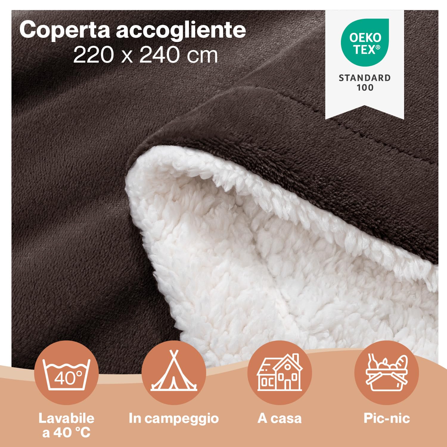 Blumtal Coperta Matrimoniale Sherpa - Coperta Pile - Plaid Divano Super Morbida - Coperta Plaid Matrimoniale Sherpa di Alta Qualità Certificata OKEO-Tex - 220 x 240 cm - Marrone Scuro