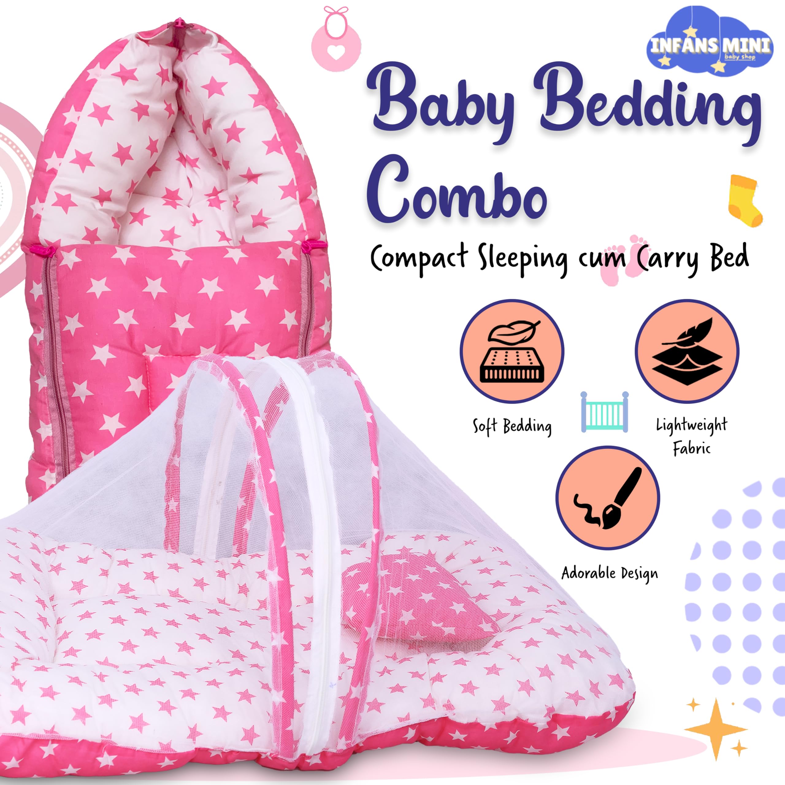 Infans Mini Cotton Baby Bedding Set for New Born Baby Sleeping Bag, Mosquito Net Bed Suitable Upto 6 Months Babies (Star Pink), 500 TC