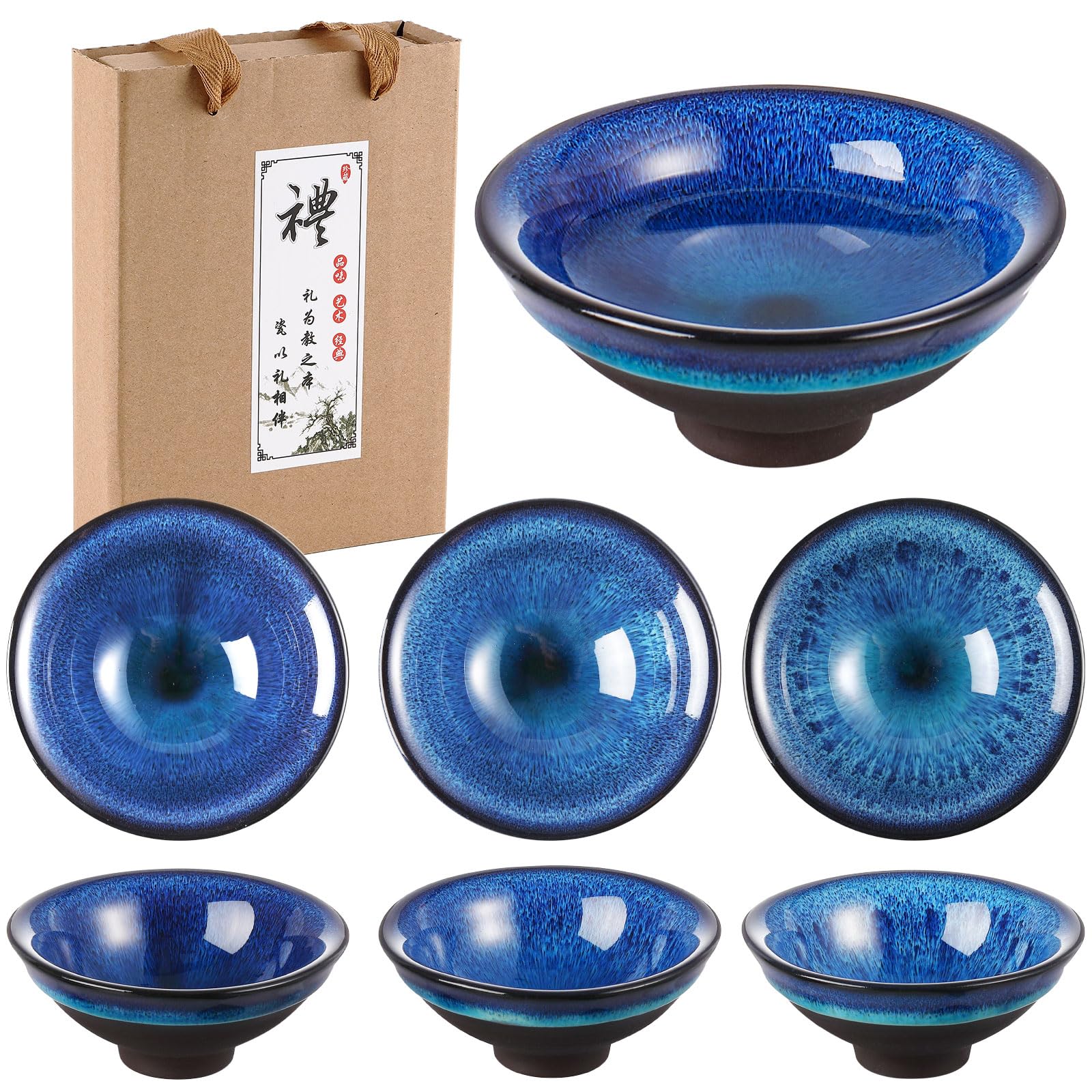 Skyley 6 Pieces Korean Soju Shot Glasses Sets Porcelain Cups Korean Ceramic Cups Tea Accessories Drinkware, Handcrafted Ceramic(Blue,Starry Sky Pattern)