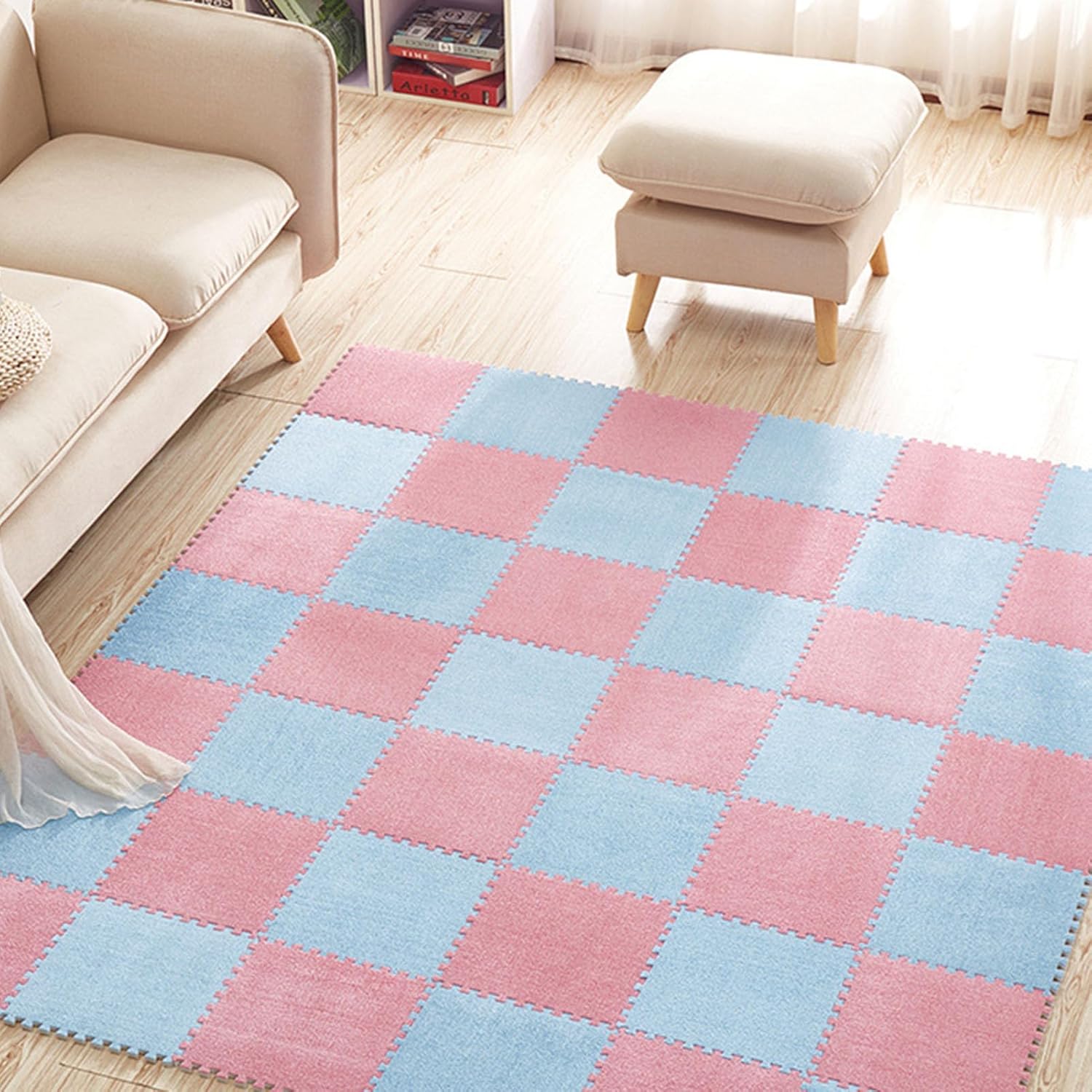 Foam Floor Tiles 16pcs 12x12in Interlocking Foam Carpet Tiles Mats EVA Fluffy Puzzle Mat 1cm Thickness Fuzzy Soft Square Play Rug Tiles for Home Decor(Color:Pink+Blue)