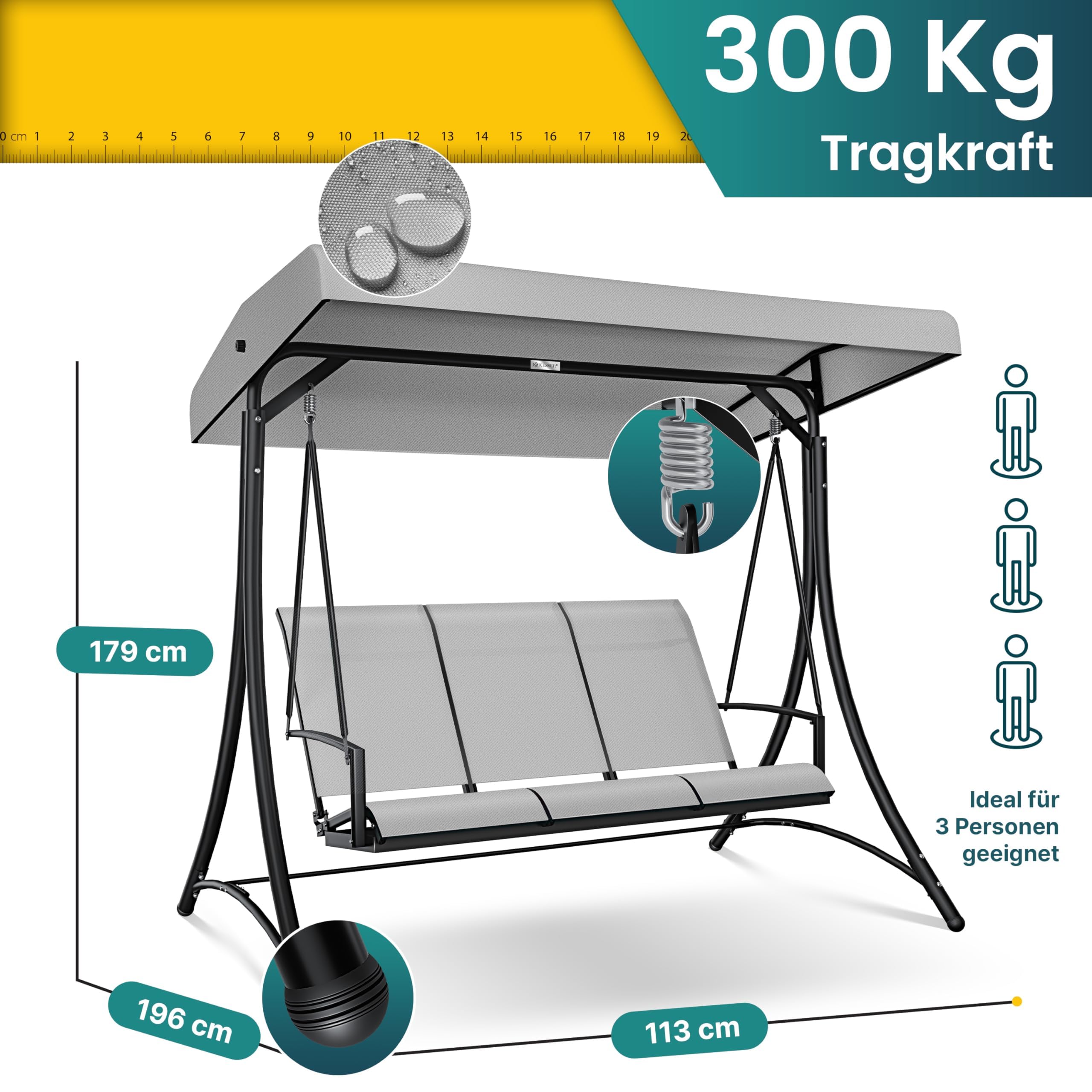 KESSER® Hollywoodschaukel mit Sonnendach 3-Sitzer | Gartenschaukel bis 300kg belastbar | Gartenliege mit Anti-Rutsch-Füßen | Schaukelbank wasserabweisend Outdoor & Indoor (Hellgrau)