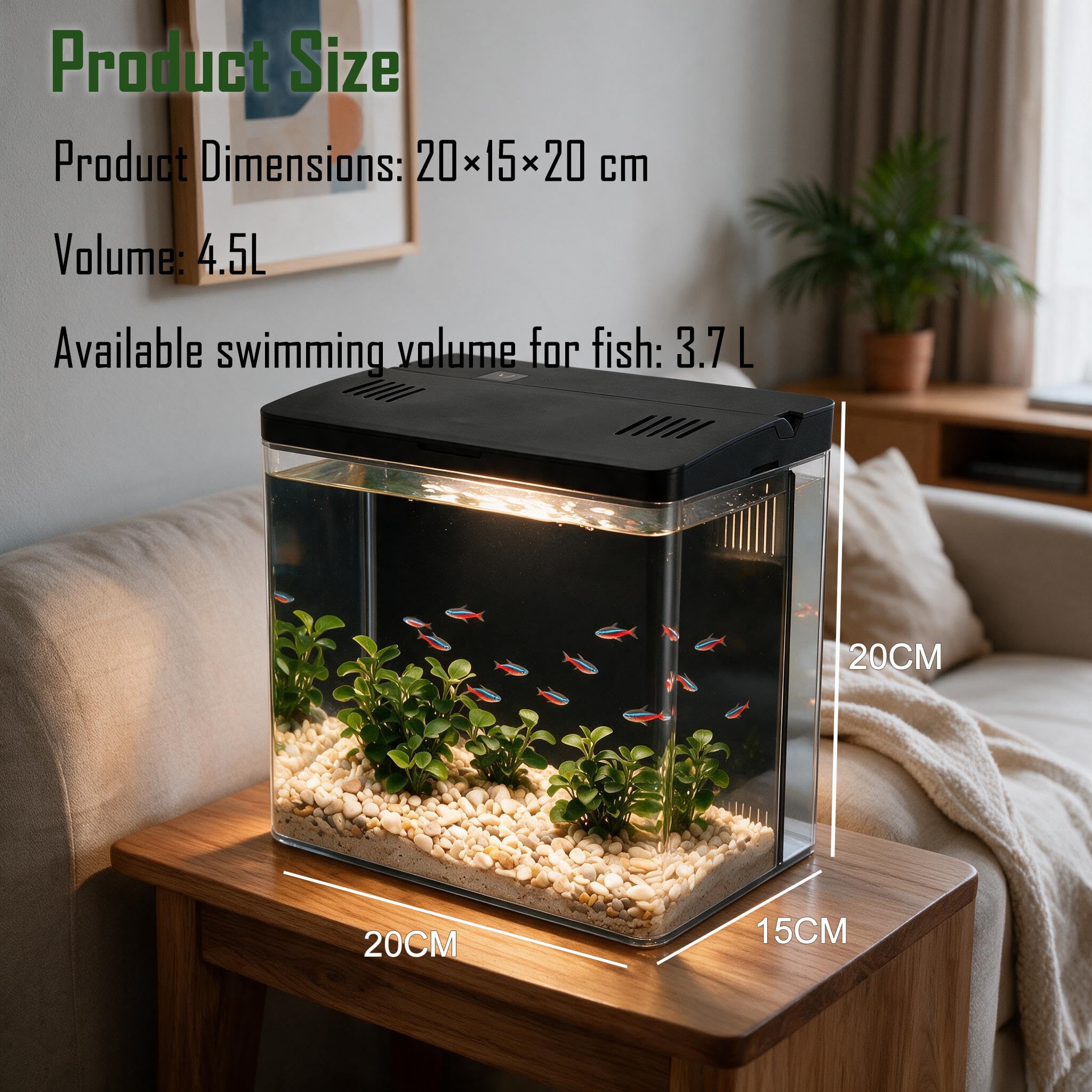 Kit de démarrage pour aquarium 4,5 L, petit aquarium Betta en acrylique avec lumières LED et filtre de fond (noir)