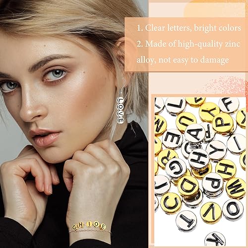 Vista 10 de Sureio 114 cuentas de letras del alfabeto de aleación de 0.315 pulgadas, planas, redondas, con letras de la A a la Z, cuentas espaciadoras sueltas