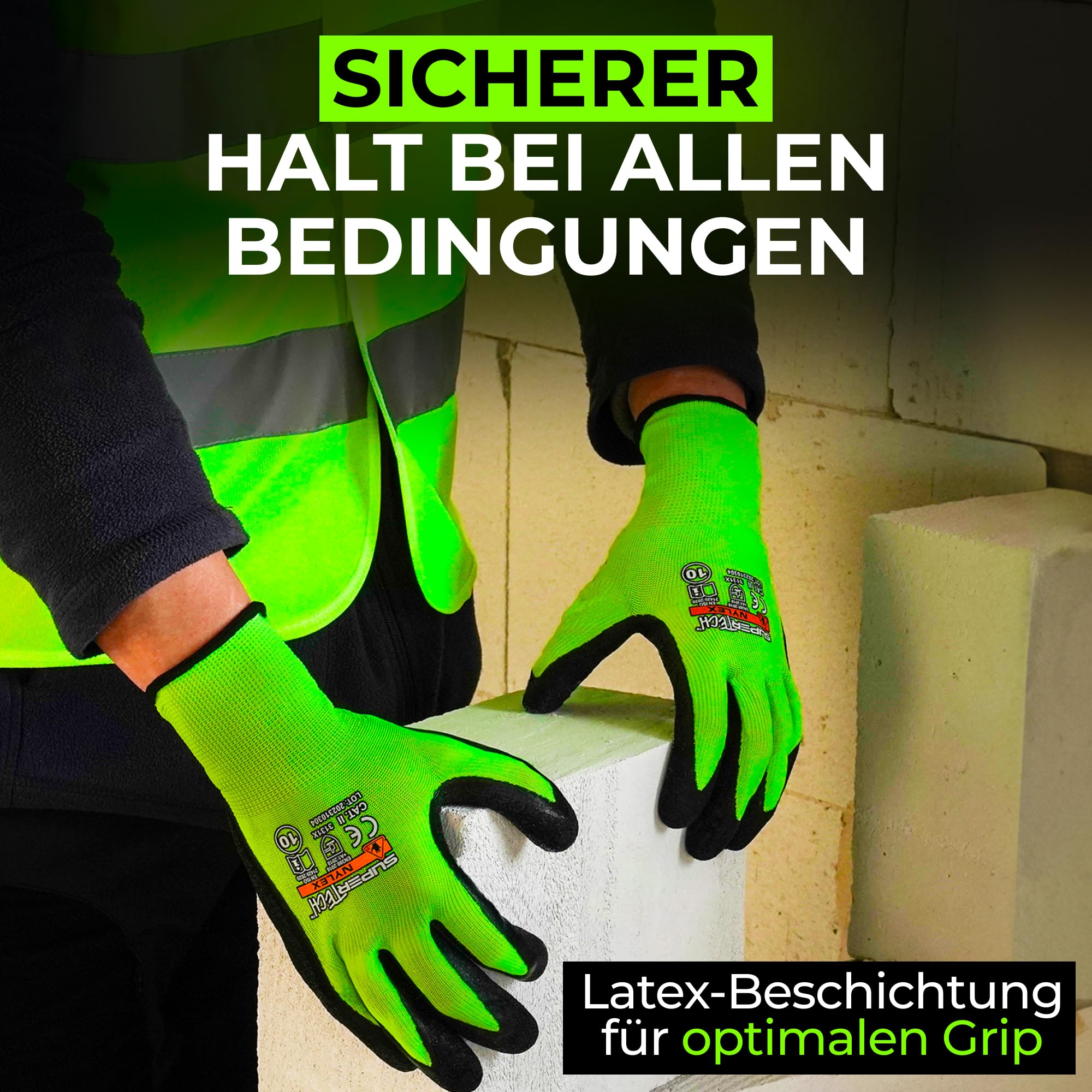Reflektierende Arbeitshandschuhe Herren mit Rauh Latexbeschichtung (24 Paar) - Schutzhandschuhe für Baustelle und Werkstatt - Strapazierfähige Gartenhandschuhe - 9 - L - Neon