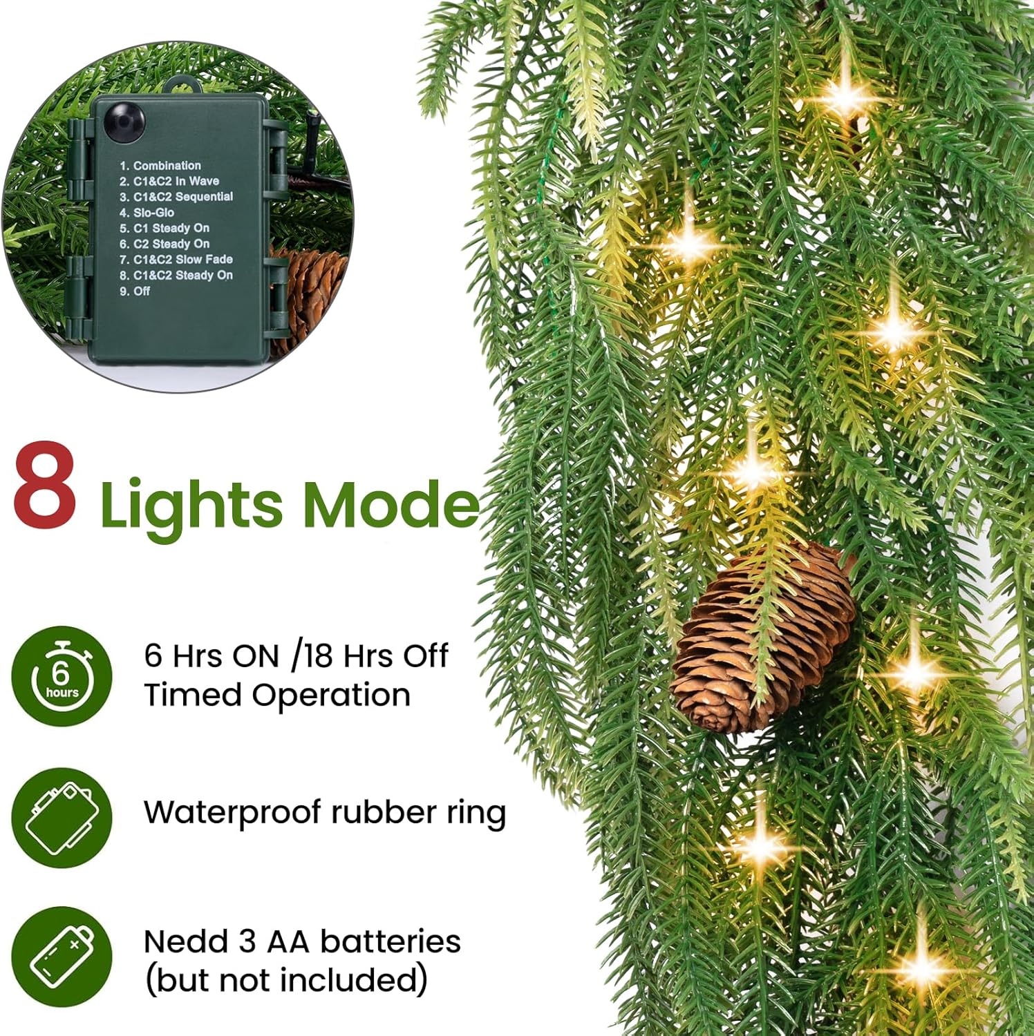 9FT Norfolk Pine Garland with Lights, Lighted Christmas Garland with Timer & 8 Lights Modes- Prelit Battery Operated Pine Garland with Pinecones for Mantle Table Fireplace Door Staircase Decorations