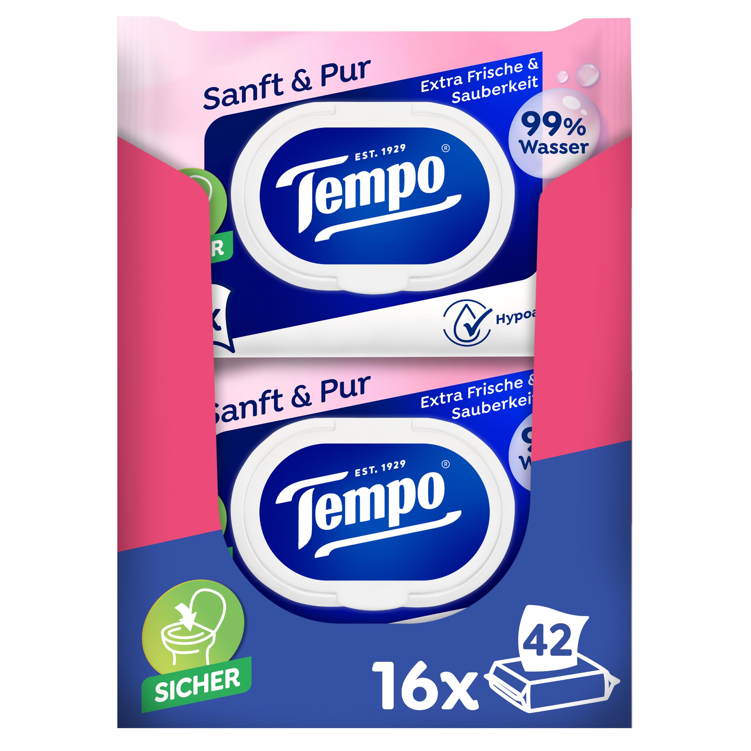 Tempo Feuchte Toilettentücher "Sanft & Pur" - Megapack - 16 Packungen mit je 42 Tüchern - Duo Packs - feuchtes Toilettenpapier, dermatologisch getestet und pH-hautneutral