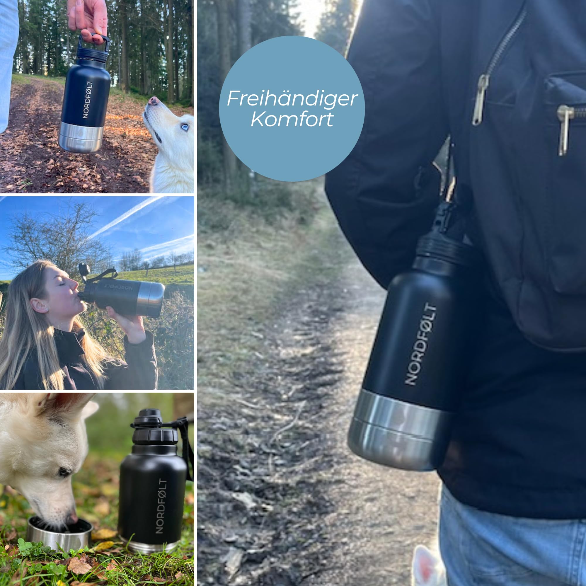 Trinkflasche Hunde Für Unterwegs, 4 in 1 Hundetrinkflasche für Unterwegs 950ml, Isolierflasche aus Edelstahl, Hundezubehör für Reise, Trinkflasche Hund mit Wassernapf und Futternapf, BPA-Frei
