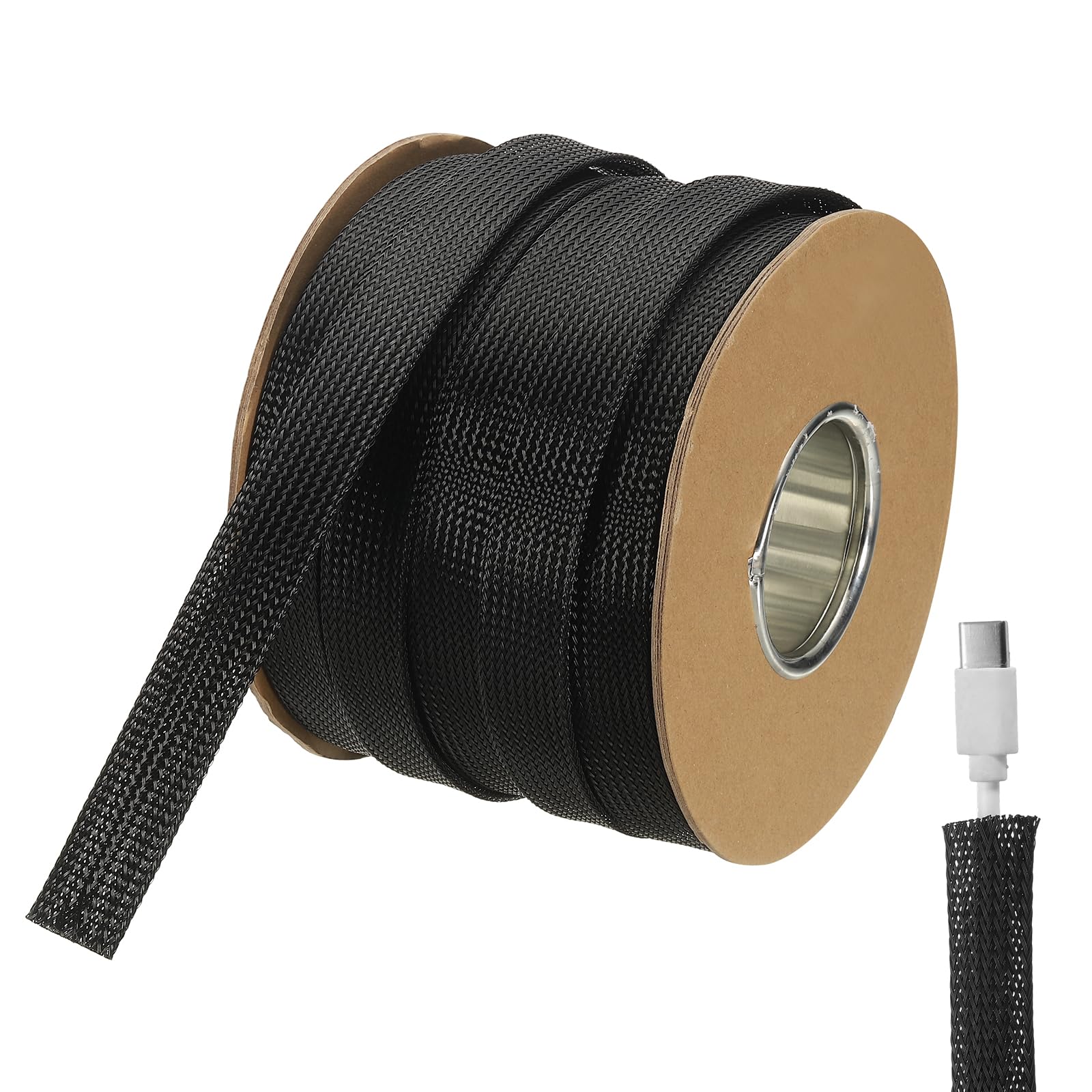 sourcing map 150ft - 1 Inch Expandable Braided Cable Sleeving, PET Cable Management Wire Sleeve Cord Protector, Wire Wrap Loom Tube for TV Computer Office Home Devices, Black