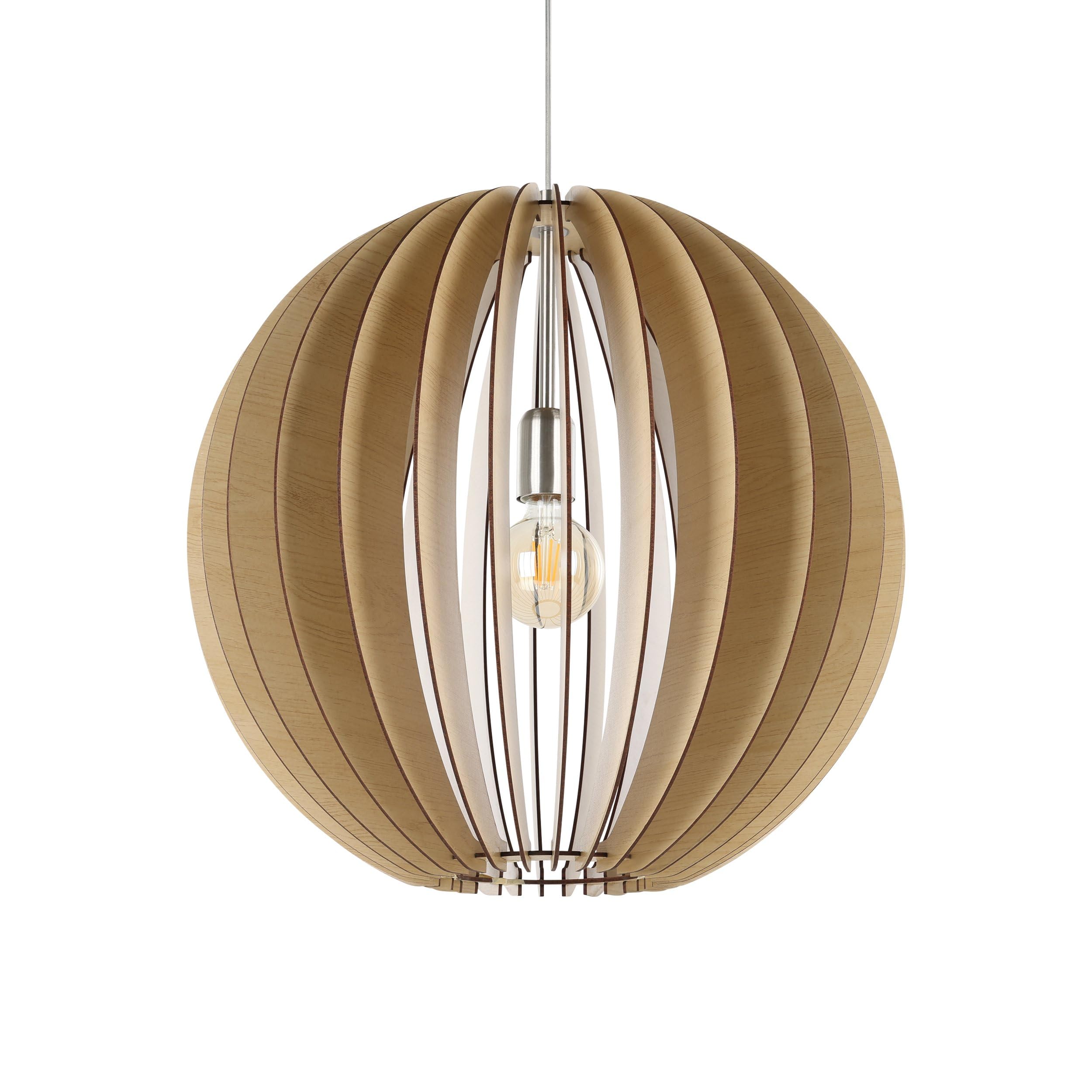 EGLO Cossano Hanglamp, 1-lichts, vintage-moderne hanglamp van mat vernikkeld staal en esdoornhout, voor eettafel en woonkamer, E27-fitting, diameter 50 cm